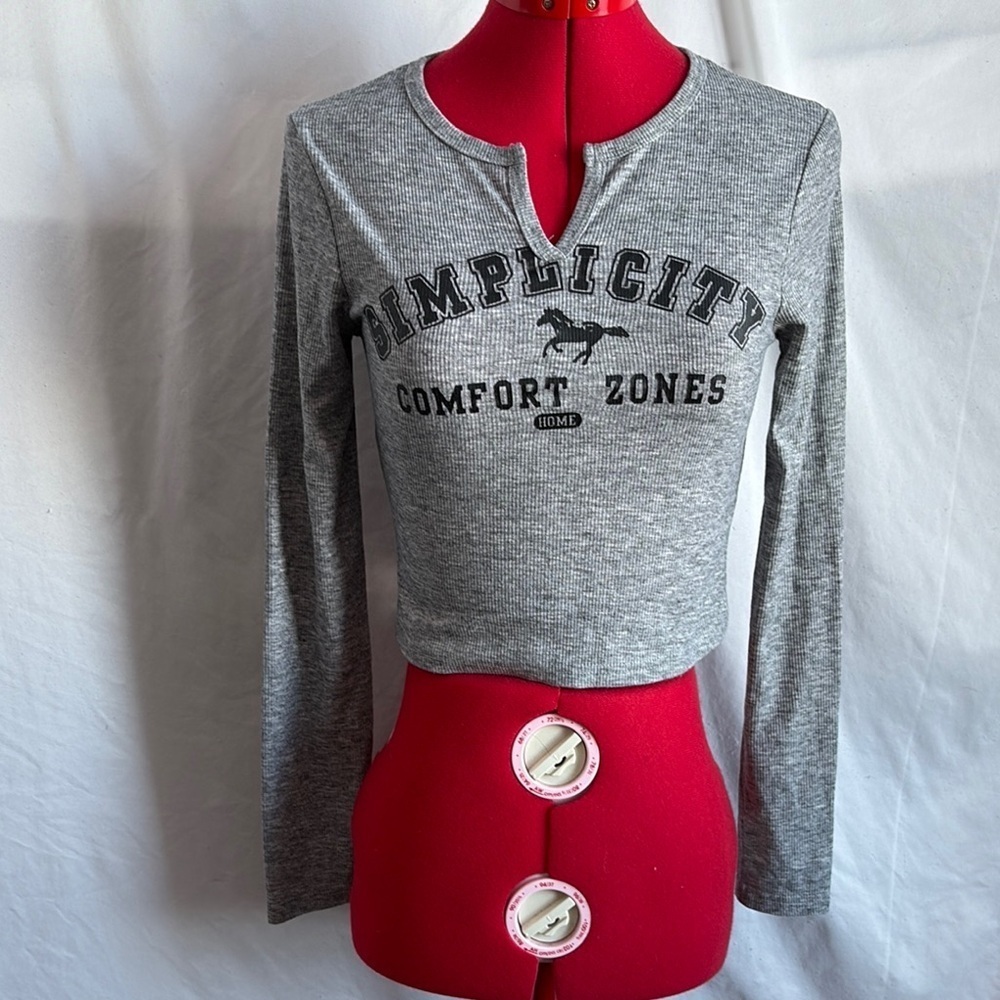 SM338 Dazy Heather Gray Crop Fitted Long Sleeve Hoodie